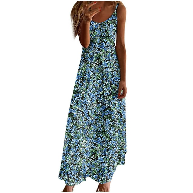 Vestidos de Verano con Cuello en V para las Mujeres 2025 Imprimir Vestido de Cuello Redondo sin Mangas Vestidos Largos Casuales, Ligeros Y de Moda