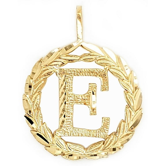 Precious Stars 14K Yellow Gold Round Wreath Unisex Initial Letter 'E' Pendant - No Chain, Pendant Only