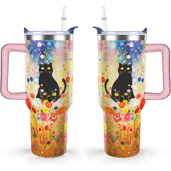 40 oz Cute Cat Tumbler with Handle and Straw Lid cat gifts for cat lovers for Women Double Insulated Cup Travel Coffee Mug