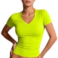 thumbnail image 2 of Womens Basic V Neck Short Sleeve Spring T Shirts Slim Fit Crop Y2k Tee Summer Gym Workout Cute Top Fluorescent Green M, 2 of 7