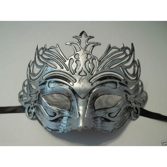 Pewter Antique Silver Venetian Laser Cut Mardi Gras Masquerade Half Mask Crown