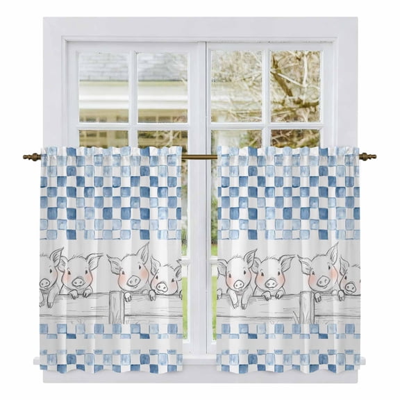 Blue Plaid Farmhouse Kitchen Curtains 45 Inch Length, Watercolor Cute Country Pigs Checkered Tiers Curtains for Bathroom Bedroom Cafe, Light Filtering Small Window Treatment Drapes 2 Panels 42"Wx45"L