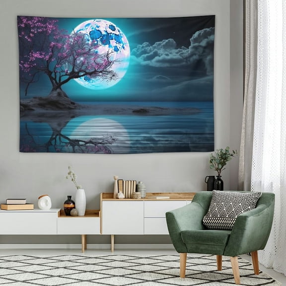 Fenyluxe Moon Over Ocean Tapestry Tapestry Wall Hanging for Bedroom Purple Cherry Blossom Tapestry Night Sky Ocean Wall Tapestry Aesthetic Asian Anime Tapestries for home Decor, 60x40 In