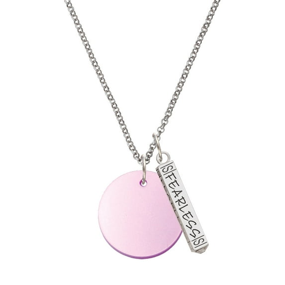 Delight Jewelry Acrylic 1" Disc Light Purple Imitation Pearl Silvertone Fearless Bar Charm Necklace, 23"
