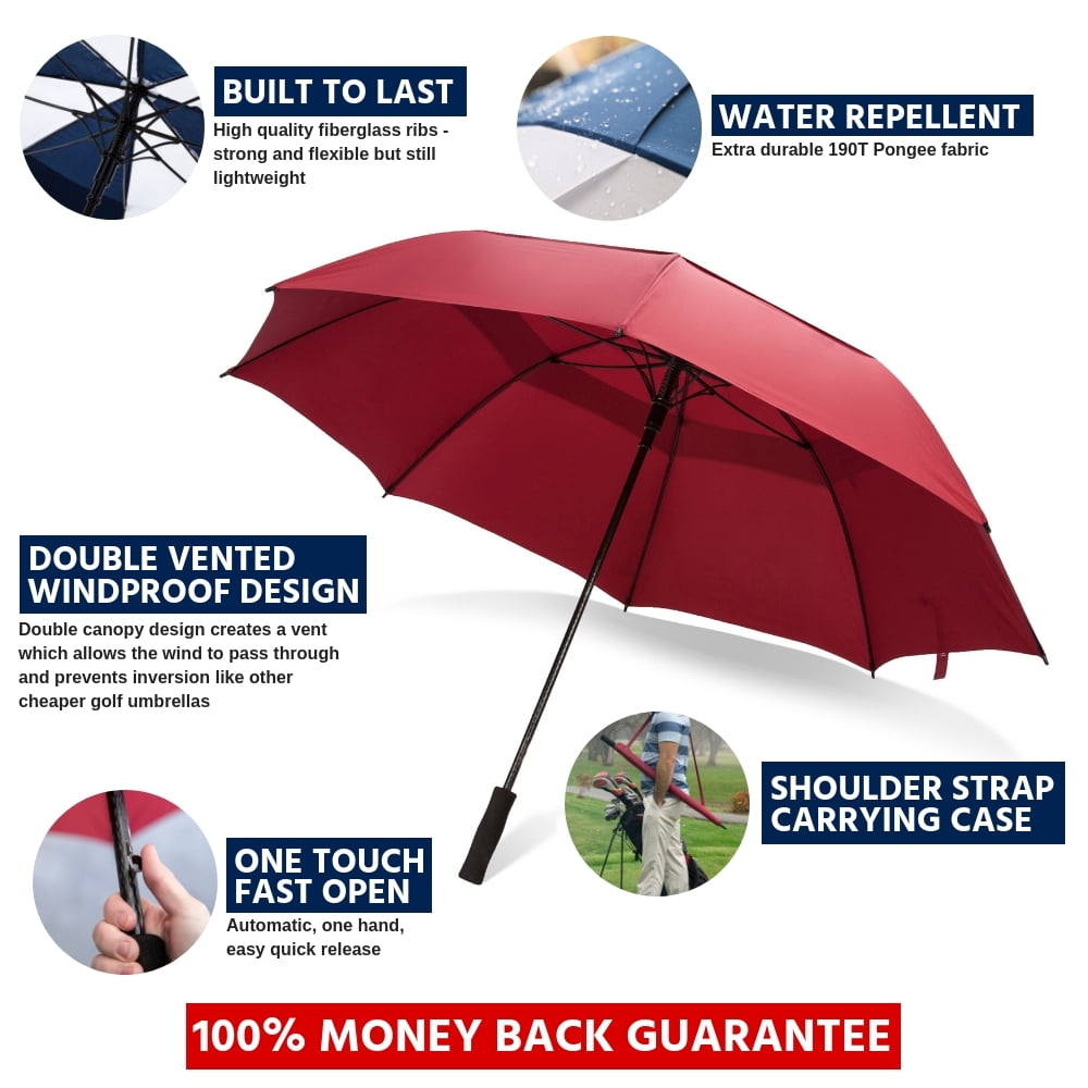 Third Floor Umbrellas - Dark Red 68 Inch Automatic Open Golf Umbrella - Extra Large Vented Windproof Waterproof Sturdy Double Canopy