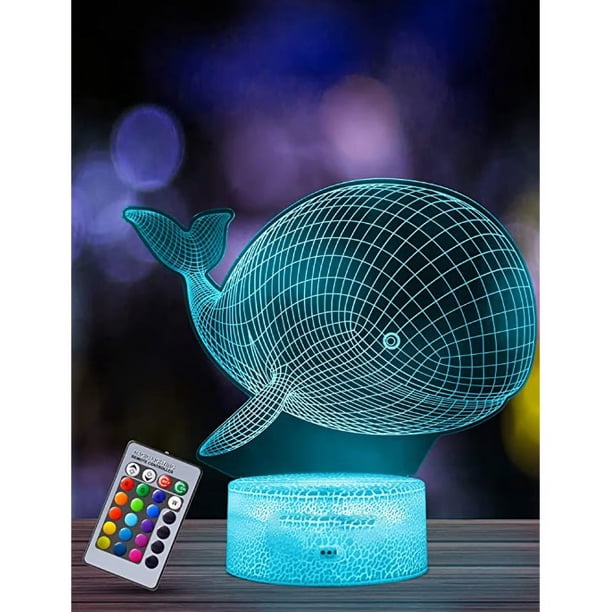 BaleineB - Luz nocturna para niños, lámpara de ilusión 3D, luz LED para guardería, control remoto, 16 colores cambiantes regulables, regalo de Navidad para niños y niñas, decoración para sala de estar