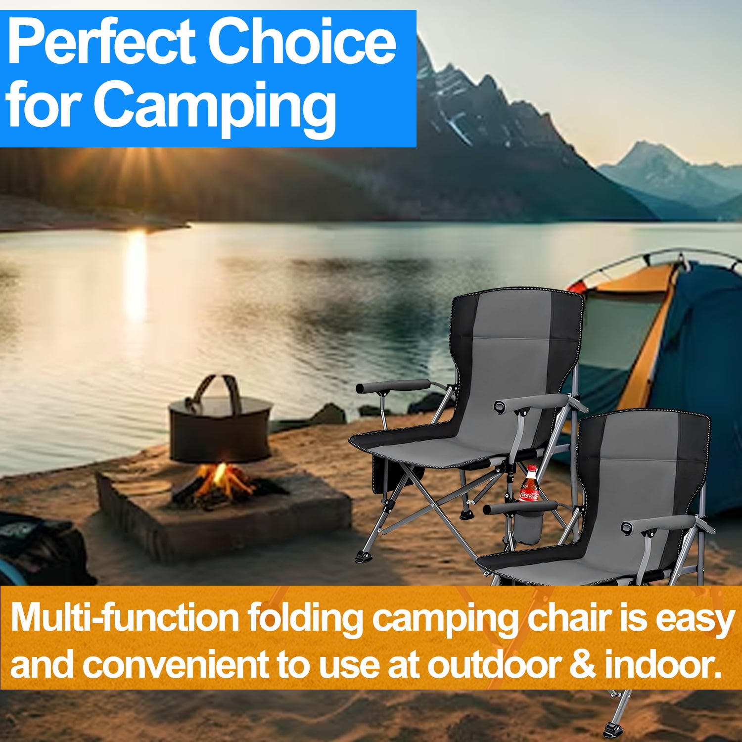 Oversized Camping Chairs, 2 Pack Heavy-Duty Steel Frame Supports 450Lbs, Foldable Outdoor Lawn Chair with Cup Holder for Backyard & Camping