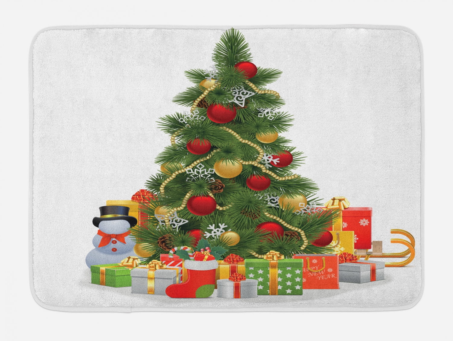 Christmas Bath Mat, Xmas Tree with Vivid Balls and Snowflakes New Year ...