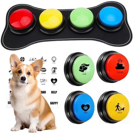 Dog Buttons for Communication, TSV 4 Dog Talking Button Set, 30s Recordable Voice Pet Buzzer Training Buttons with 25 Scene Stickers and Dog Button Mat for Animal Training