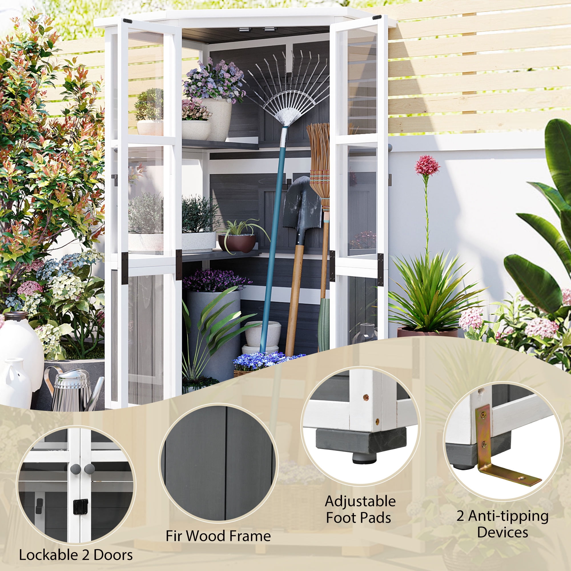MAYEERTY 63'' Garden Wood Storage Cabinet – Outdoor Tool Shed & Mini Greenhouse with Lockable Door, Waterproof Roof, and Adjustable Shelves