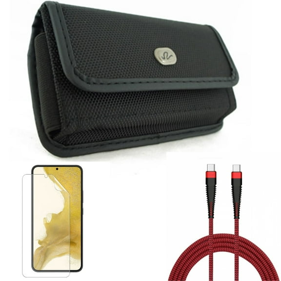 Matte Screen Protector & Case Belt Clip & 10ft PD Cable for Samsung Galaxy S22 (6.1") - TPU Film Anti-Glare & Rugged Holster & Type-C to USB-C Charger Cord Accessory Bundle