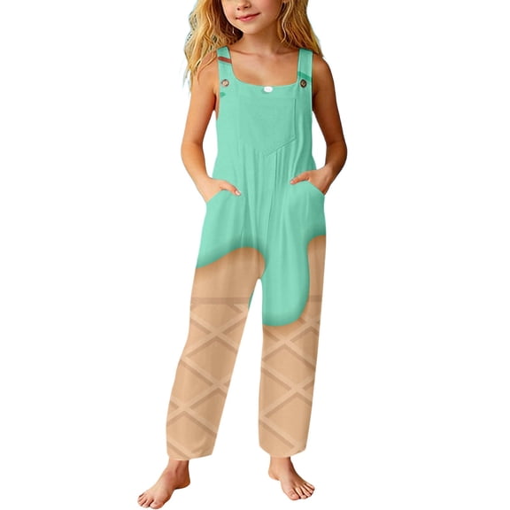 BOOMNY Girls Jumpsuits Ice Cream Graphic Sleeveless Spaghetti Strap Romper for Kids Soft Jumpsuit With Pockets