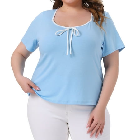 DARING DIVA Women's Plus Square Neck Short Sleeve Trendy Top 1X Sky Blue