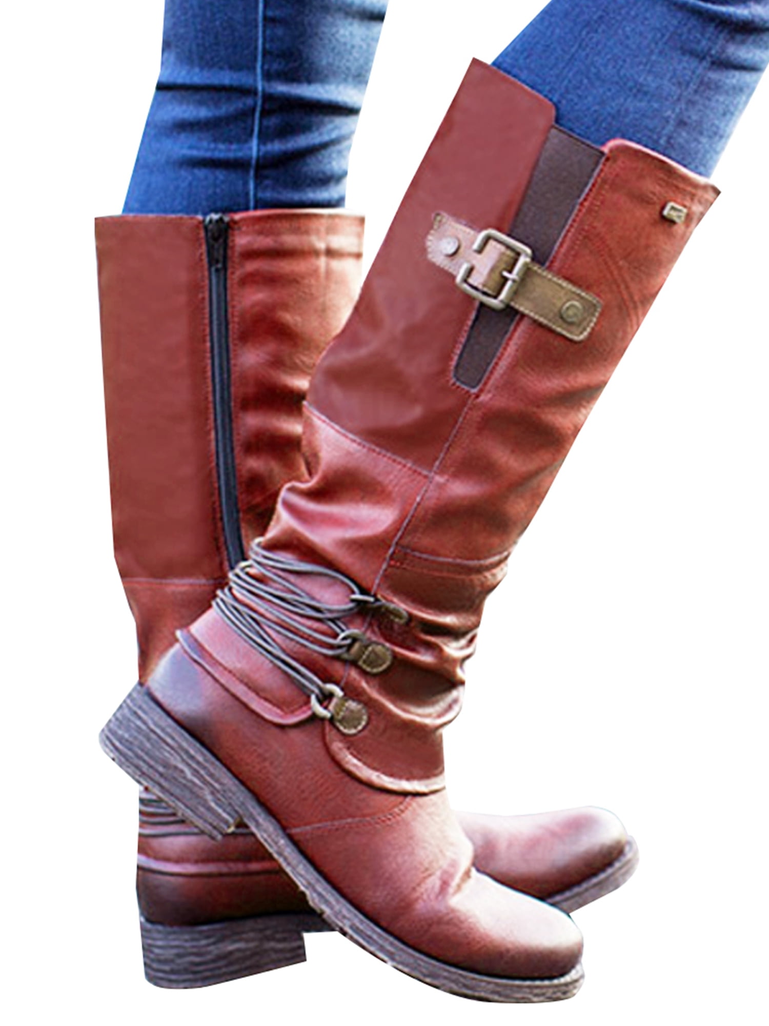 Womens Knee High Mid Heel Ladies Gold Buckle Riding Long PU Leather Biker Boots 