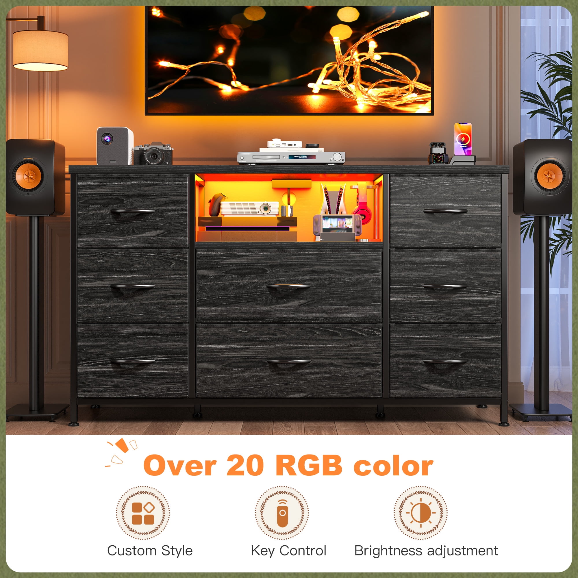 Romorgniz Dresser TV Stand for 55 inch TV with LED Lights & Charging Station Dresser for Bedroom with 8 Drawers, Black