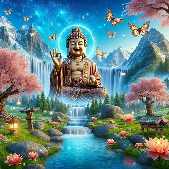 Diamond Painting Kits for Adults Serene Mountain Landscape with Buddha Full Drill DIY Diamond Art for Adults Beginners Picture Art Crystal Painting for Home Wall Decor
