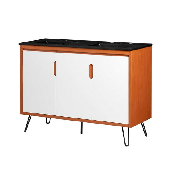 Double Sink Vanity Cabinet, Cherry White Black, Wood, Mid Century Hotel Bedroom Bathroom, Modern Contemporary HB34096