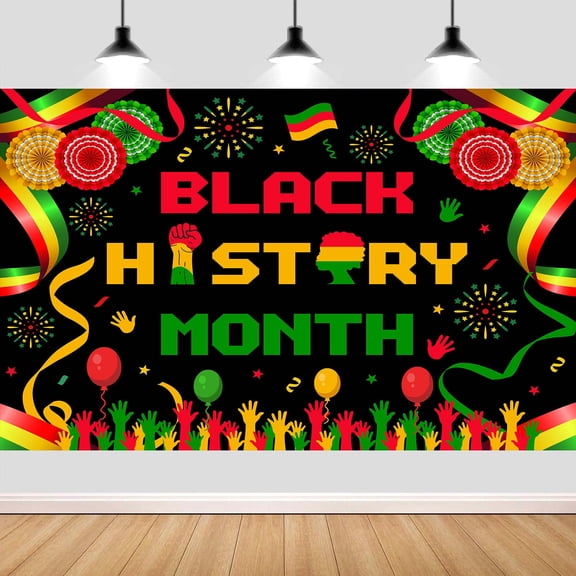 Black History Month Backdrop,African American History Month Banner,Paper Fans Colored Ribbon Fireworks BHM Party Supplies Party Supplies for Indoor Outdoor Garden,Yard,Party Home Decor,7x5FT