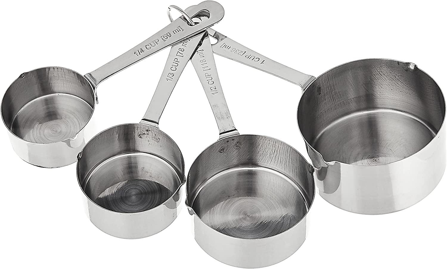 4 Sabatier Stainless Steel Measuring Cups. 3/4 Cup, 1/2 Cup, 1/3 Cup, 1/4  Cup.