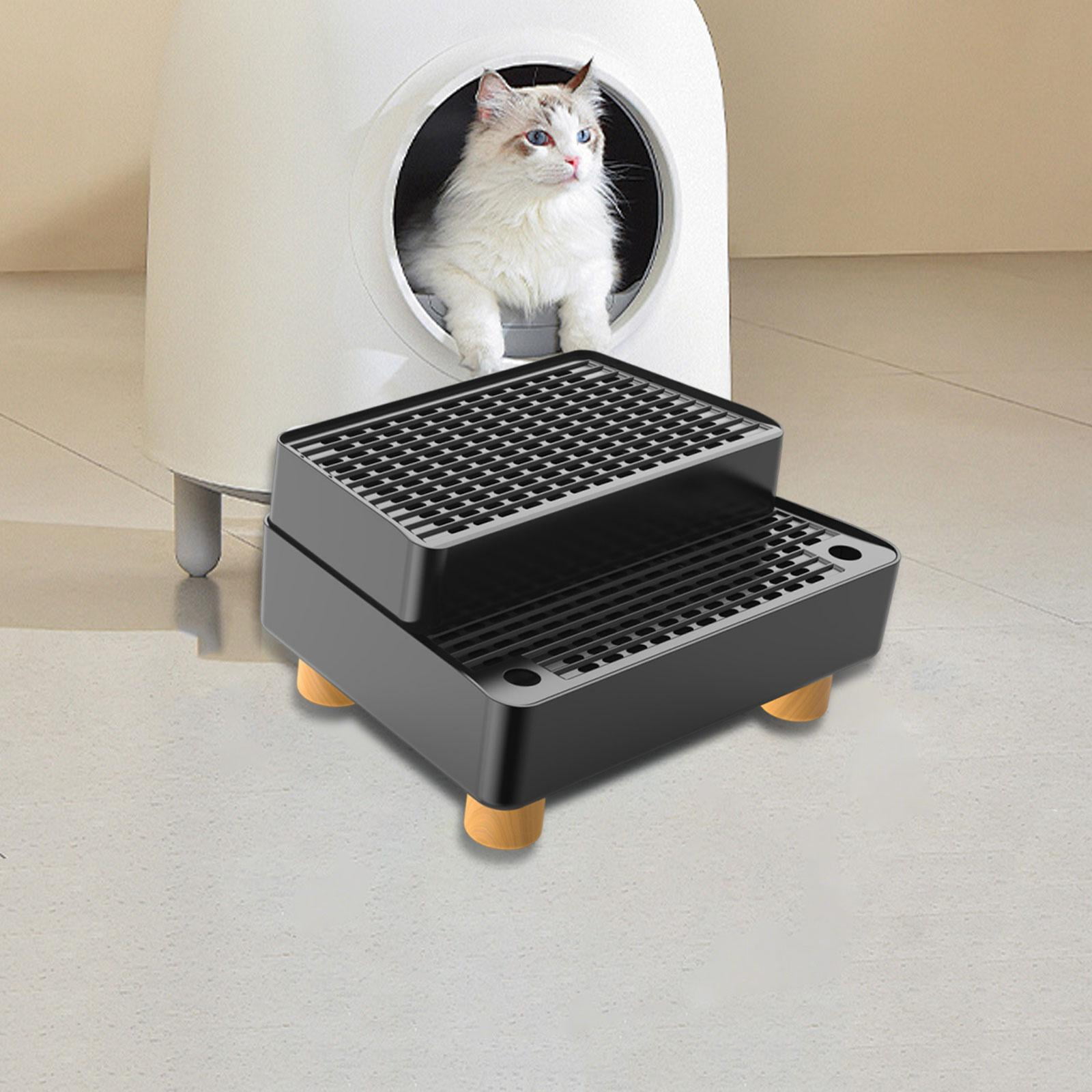 Fzaqwen Automatic Cat Litter Box Ramp 2 Steps Waterproof Pad Mat with Non Slip Feet Leakproof Cat Litter Stair for Small Elderly Cats Black