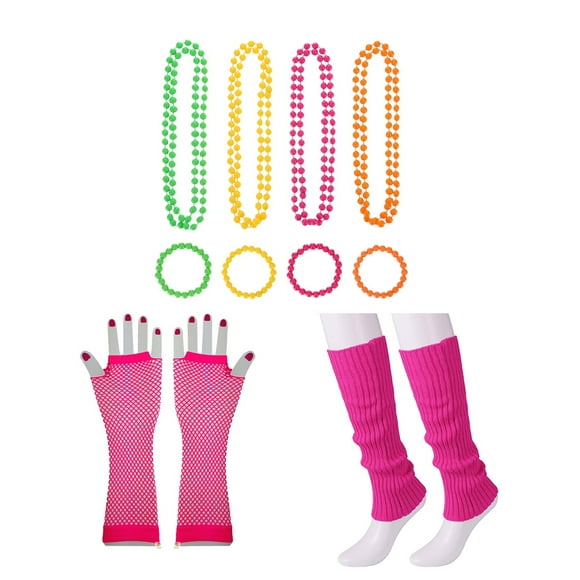 80's Neon Necklace Bracelets Fingerless Fishnet Gloves Leg Sleeves for 80's Party (Rosy)