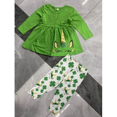 

Puloru Girl Long Sleeve Ruffled Hem Tops with Clover Long Pants