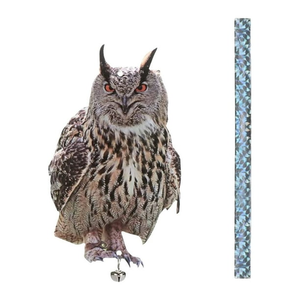 Decoración colgante repelente de pájaros en forma de búho con tiras reflectantes y cascabeles | Espantapájaros acrílico de doble cara para jardín, balcón y patio | Repelente seguro para palomas,