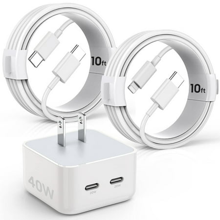 TTech Original 40W PD USB-C Fast Charger Wall Adapter Plug + 2x 10ft USB-C Fast Charging Cable Cord Compatible with iPhone 16 / 15 / 14 / 13 / 12 / 11 Pro Max Mini models / X / XS / XR / 8 / 7 / 6