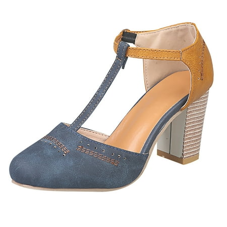 

Penkiiy Women s Single Shoes Hollow Buckle Thick Heel Patchwork Pump Sandals