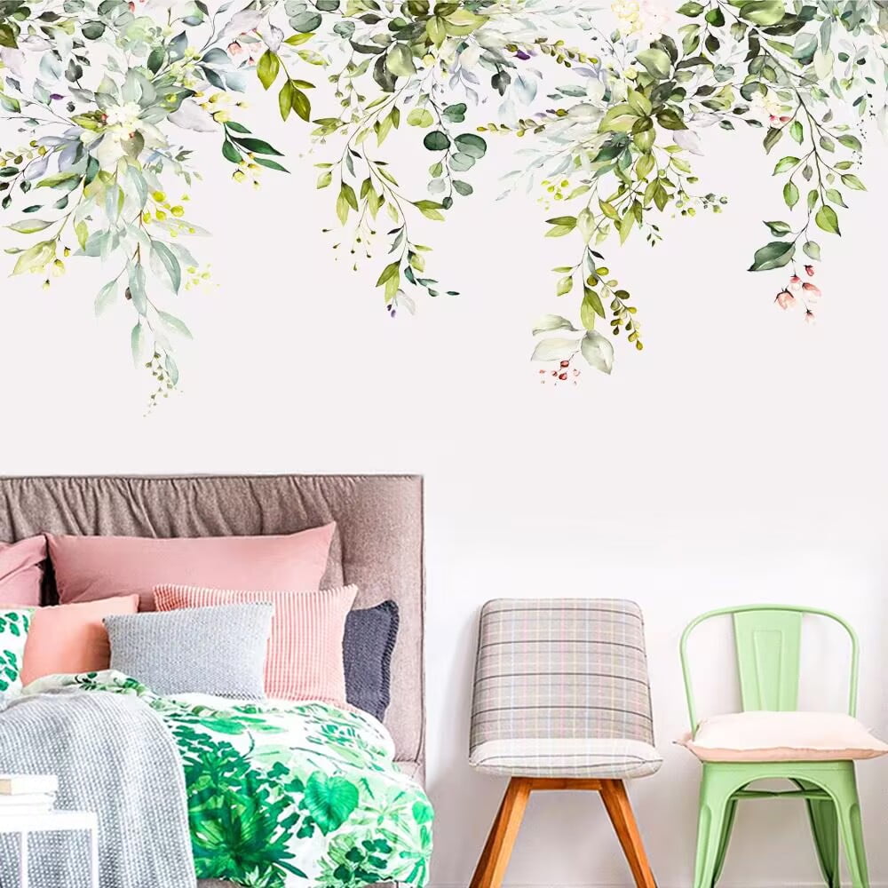 Green Plants Leaves Wall Decals Peel and Stick, Large Floral Flowers Wall Stickers, DIY Removable Vine Home Decor Art for Bedroom Living Room Classroom Office