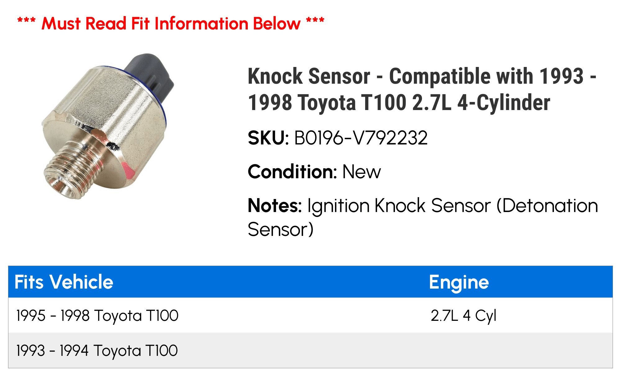 Knock Sensor - Compatible with 1993 - 1998 Toyota T100 2.7L 4-Cylinder 1994 1995 1996 1997