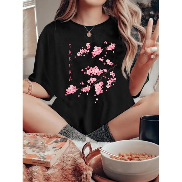 Women'S Fashion Cherry Blossom Tree Print T-shirt, Soft And Comfortable Round Neck Casual Short Sleeves