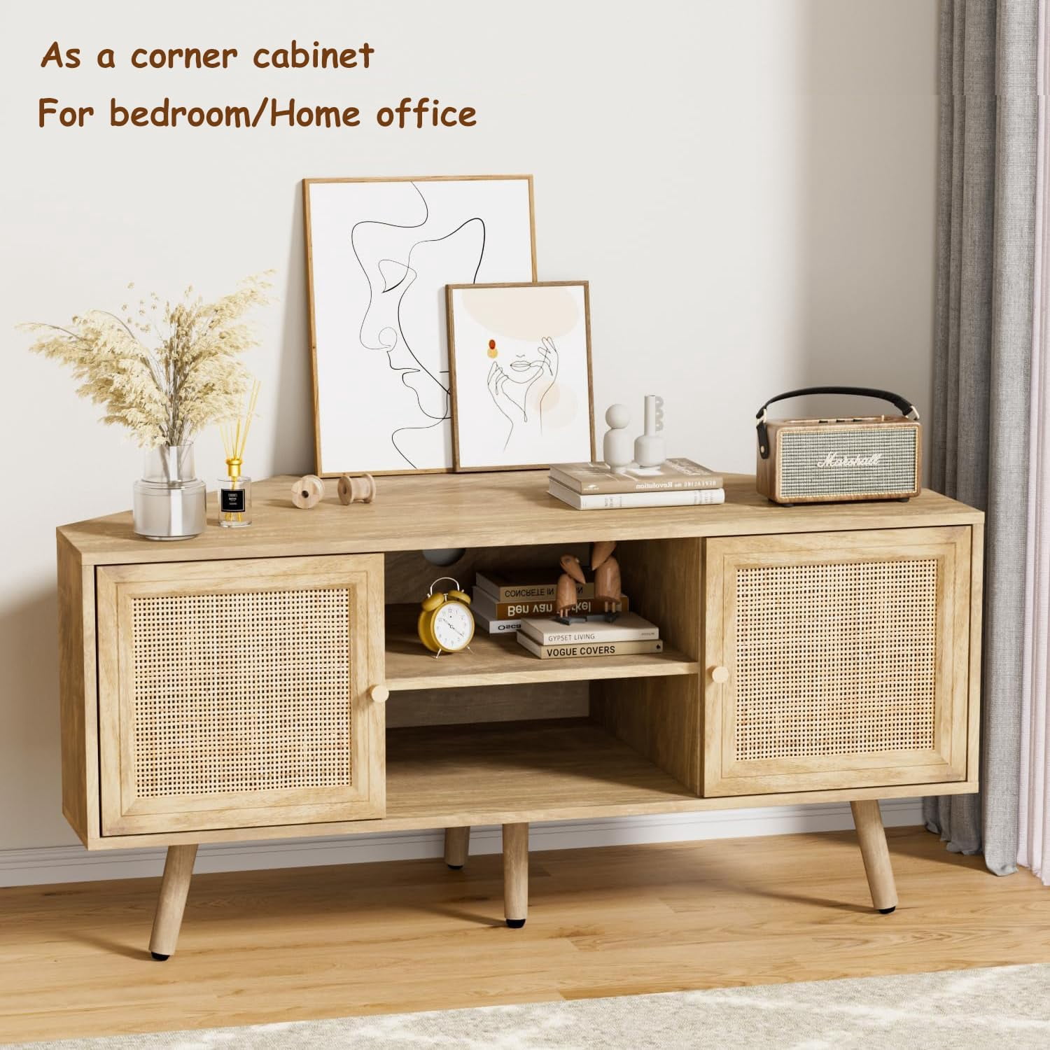LAZZO Corner TV Stand for 55 Inch TV, Boho Entertainment Center with Rattan Doors, Storage Media Console with Solid Wood Feet & 2 Cord Holes, Natural, for Living Room