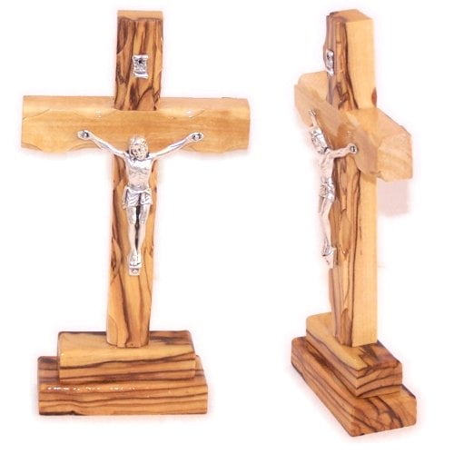 18 cm or 7 inches Thick Grade A Olive Wood 14 Stations Crucifix with Holy Land Samples and Mother of Pearls Decoration 