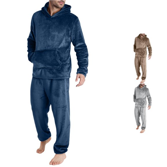 Uikmnh Mens Leisure Soft Home Solid Shirt Pants Pajama Set Two Piece Long Warm Loungewear