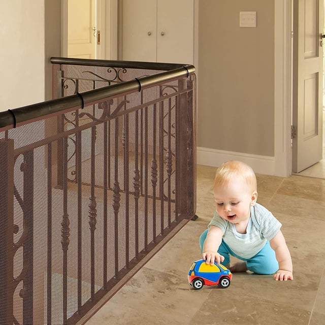 Red de seguridad para niños de 300 x 74 cm, red de seguridad para escaleras con cuerdas de nailon y correas de hebilla (marrón)