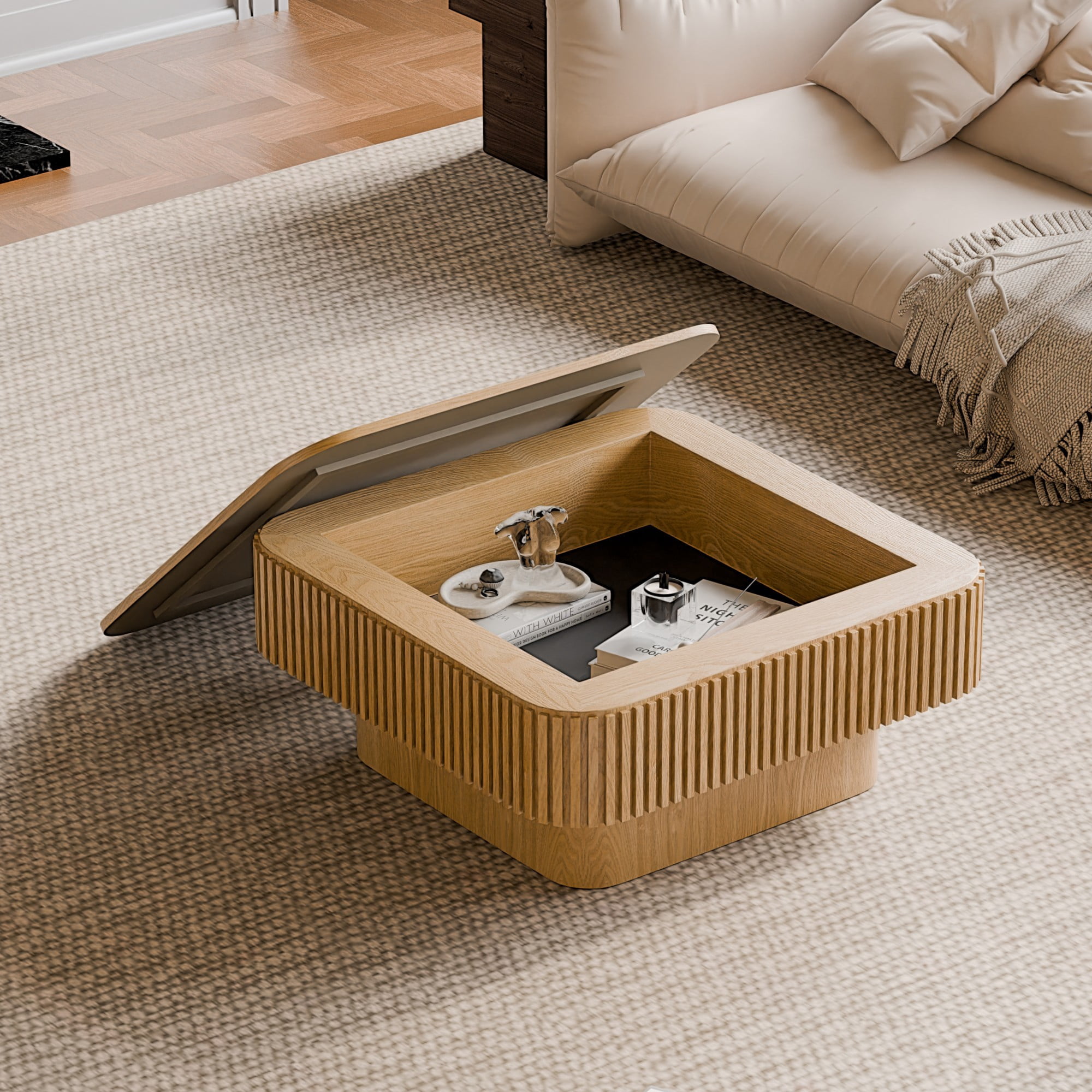 31.5" Square Coffee Table with Storage, Modern Fluted Coffee Table with Hidden Compartment, Wood Veneer Center Table for Living Room, Natural