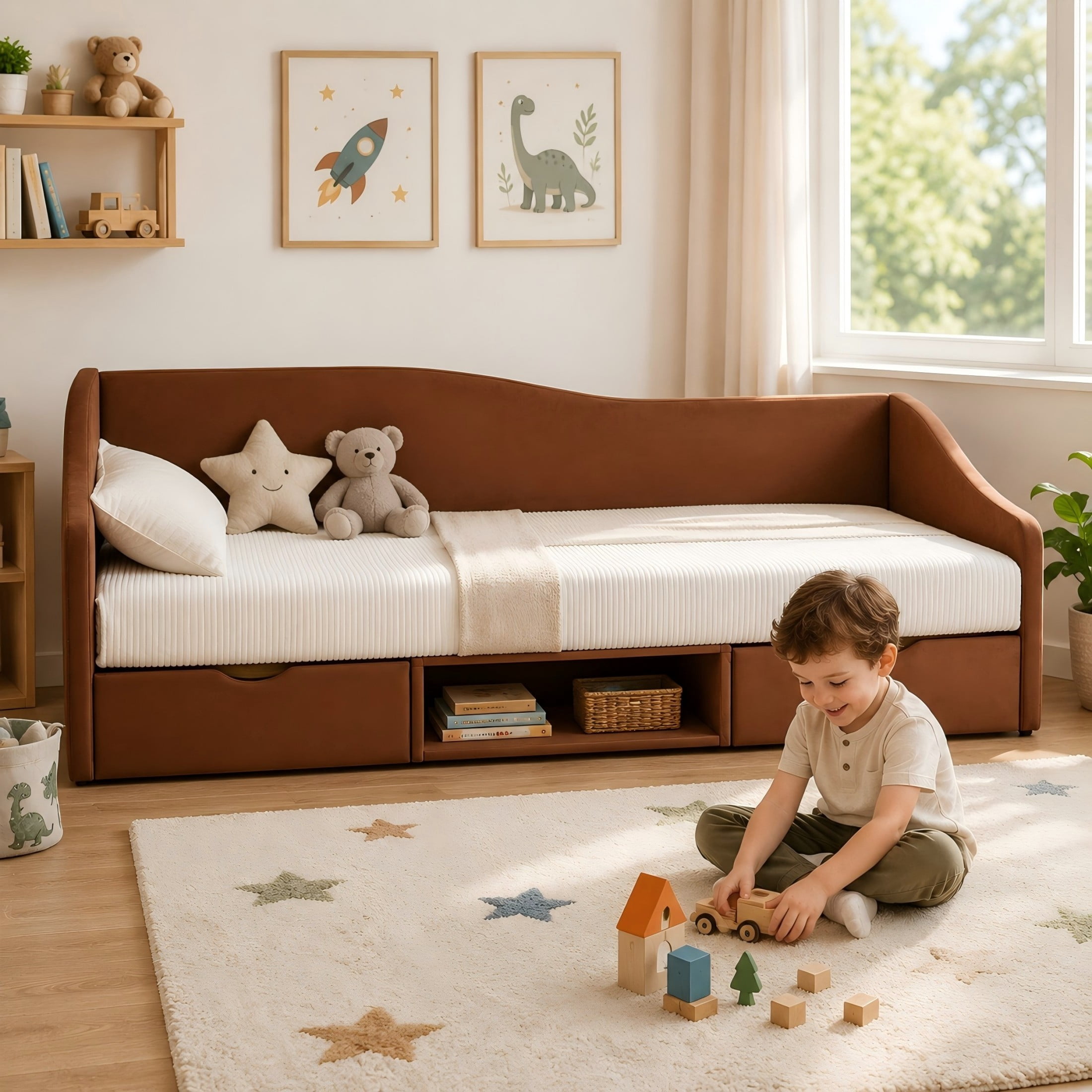 Aukfa Twin Size Upholstered Daybed with 2 Storage Drawers, Shelf and Curved Guardrails, Velvet Bed Frame, Brown