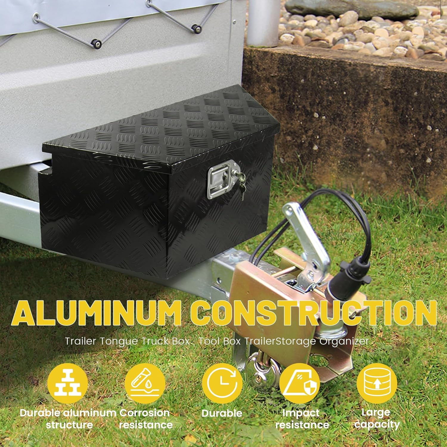 Trailer Tongue Tool Box, Aluminum Trailer Tool Box with Lock and 2 Keys, Heavy Duty Trailer Storage Box for Pickup Truck Bed, Black