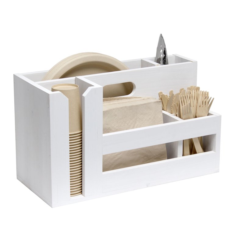 Elegant Designs Pantry Picks Farmhouse Wooden Flatware and Utensils Caddy Condiment Organizer White Wash