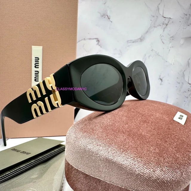 New MIU MIU Sunglasses Black Oval Acetate Gold Metal Logo Authentic MU11WS