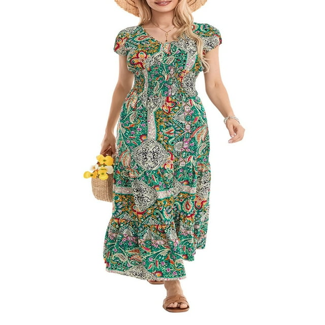 POINTERTECK Robe de Plage à Manches Courtes et Col en V avec Motif Imprimé pour Femmes