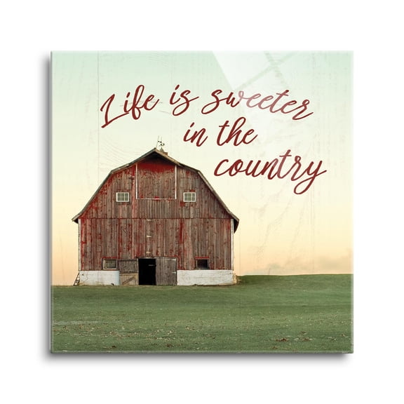 Life Sweeter Country Rustic Red Barn 24 x 24 Glass Wall Hanging Sign