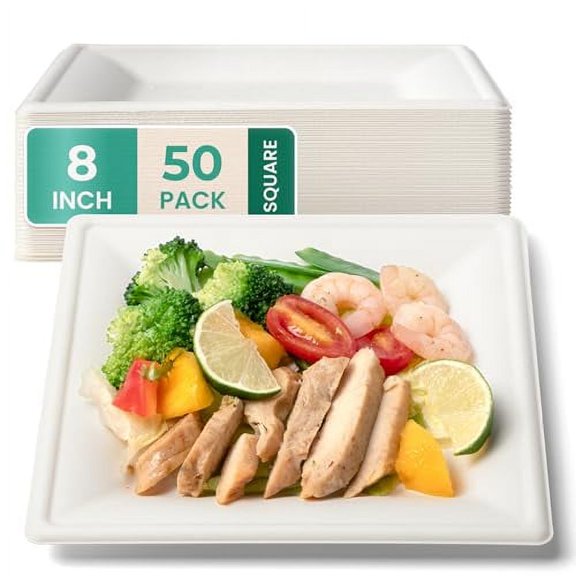 Fit Meal Prep [50 Pack] Compostable Paper Plates, 8 Inch Biodegradable Square Plates, Heavy-Duty Disposable Dessert Plates, Eco-Friendly Sugarcane Plate for Party, Appetizer, Dinner, Wedding, White