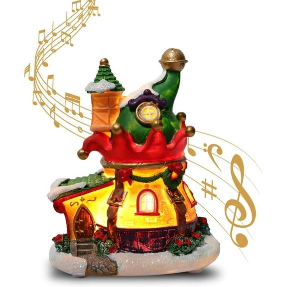 Christmas Village House Figurine with LED Lights, Christmas Village Accessories LED Lighted Christmas Village Houses, Multicolored Christmas Vacation Village w/Music for Home Decor