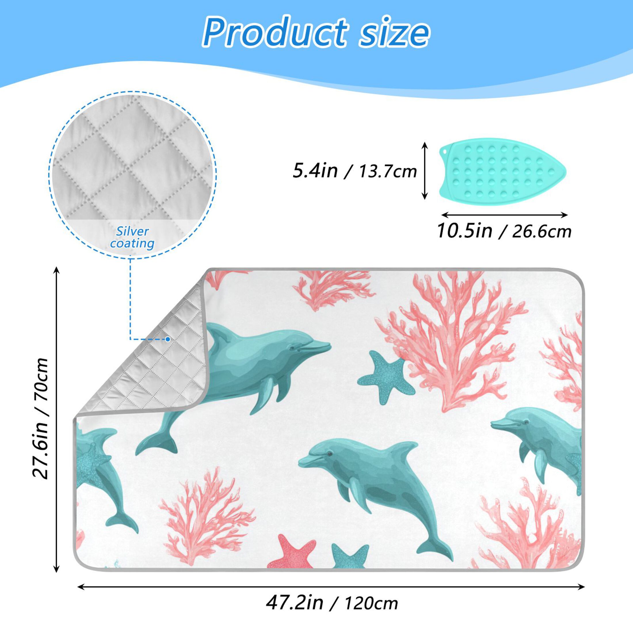 Pink Corals Blue Dolphins Ironing Mat Blanket Portable Travel Ironing Pad Heat Resistant Pad 47.2" x 27.6”