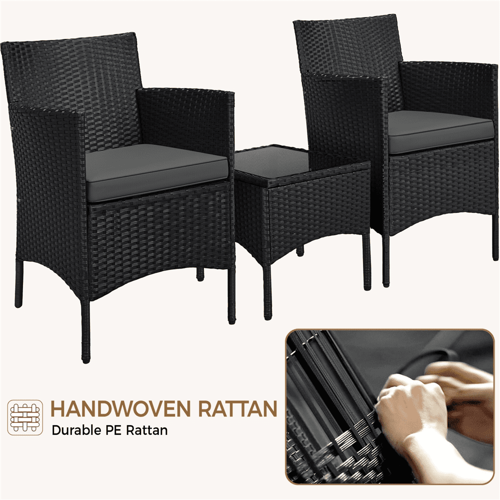 Renwick 3-Piece Rattan Furniture Set with 1 Side Table and 2 Chairs, Black/Gray