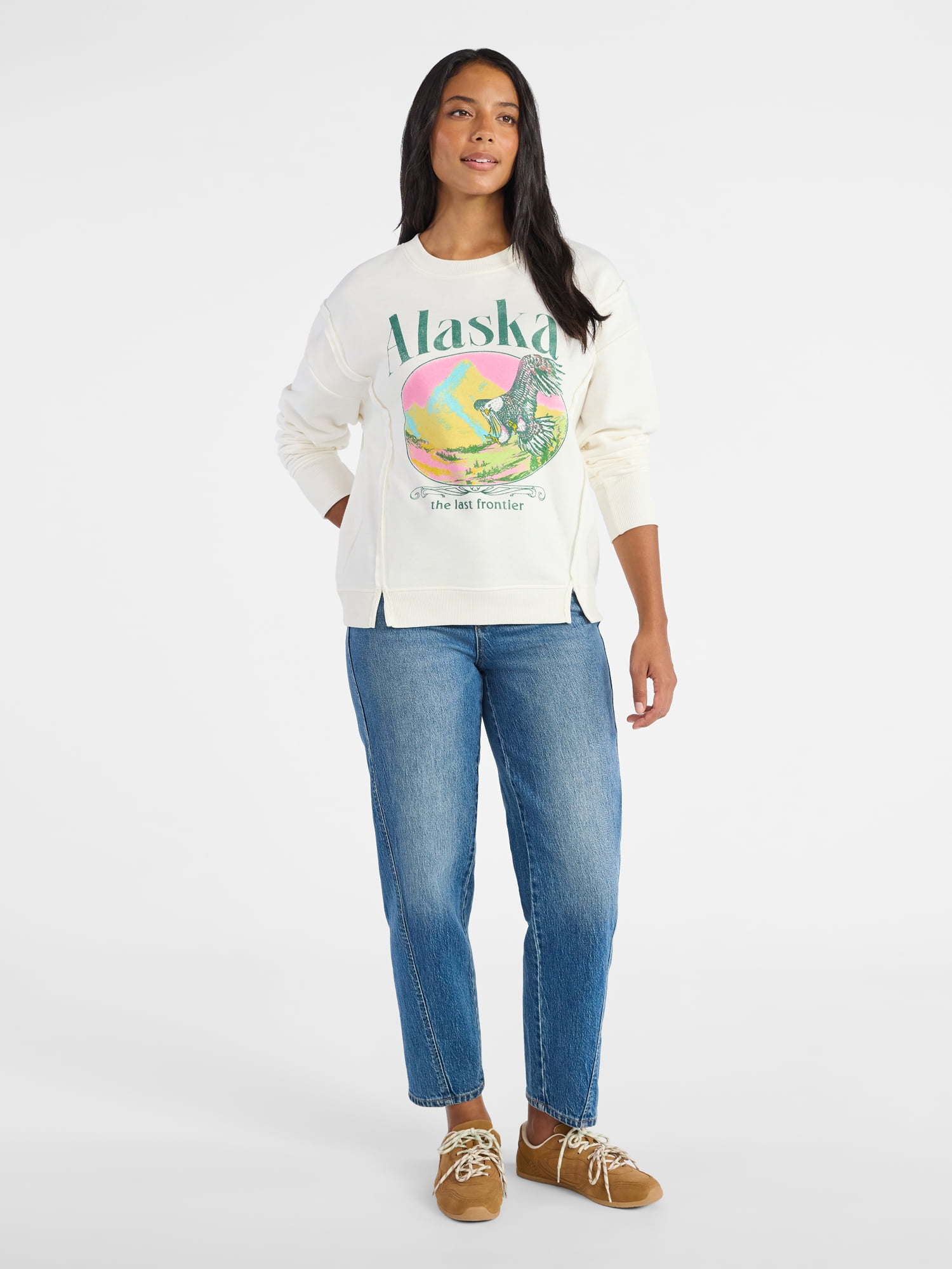 Time and Tru Women's Alaska Eagle Graphic Sweatshirt with Long Sleeves, Sizes XS-XXXL