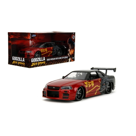 Jada Godzilla 2003 Nissan Skyline GTR R34 – 1:24 Scale Die-Cast, Opening Doors, Hood, Trunk, Rubber Tires – Collectible for Adults – Toho Licensed