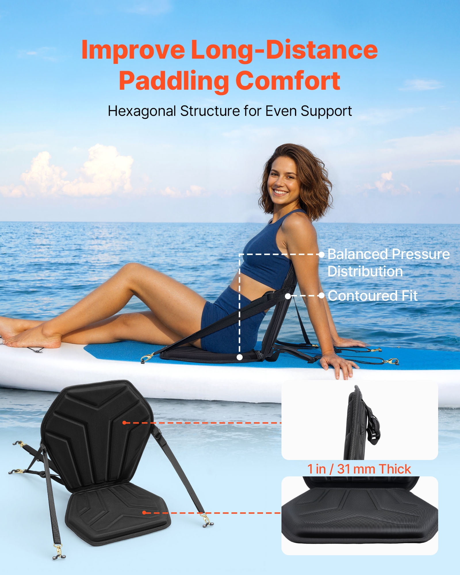 VEVOR Kayak Seat, 1 Pack 1" Thick, Universal Paddle Board Seat with Back Support, Hexagonal Sit-on-Top Soft Padded Cushion with Storage Bag & Adjustable Straps for SUP, Fishing Boat, Inflatable Kayak